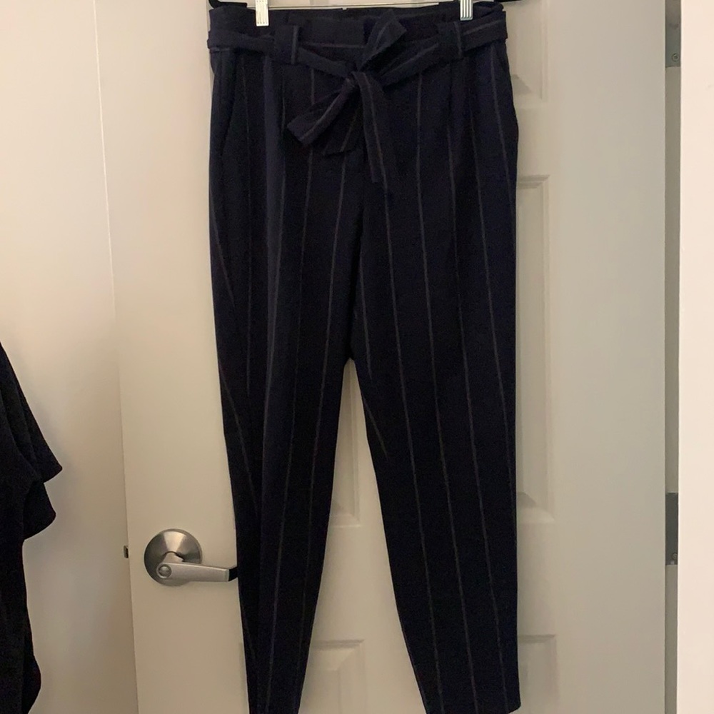 Navy pinstripe trouser with tie waist